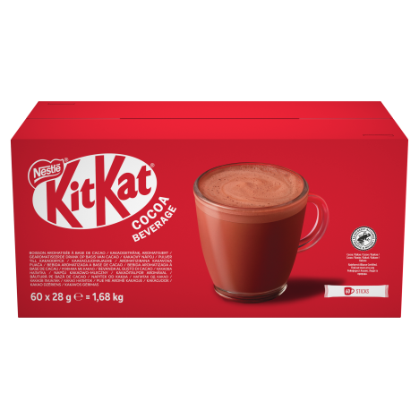 Rote KitKat-Packung mit einer Tasse Kakao auf der Vorderseite.